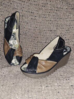 FLY LONDON-Yakin-Brown/Black Twist Leather Slingback Wedge-Sz 37-Excellent